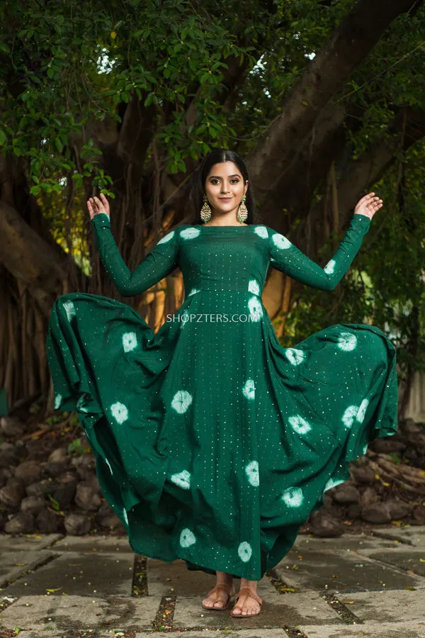 Botton Green Muslin Sequence Batik Print Dress