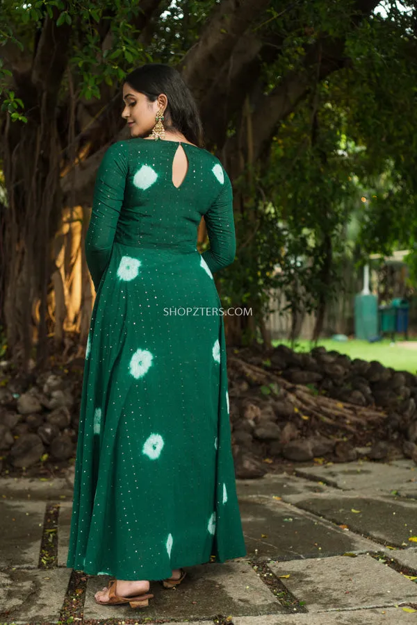 Botton Green Muslin Sequence Batik Print Dress