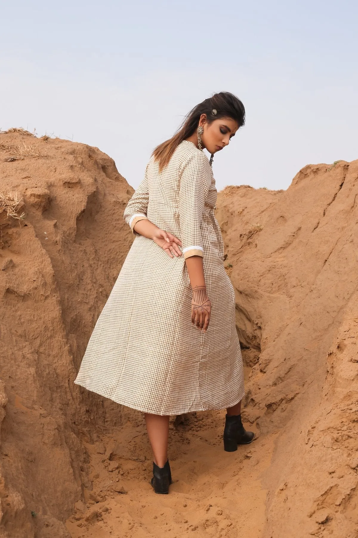 Brown Chekered Calf Length Dress With Inner - Set Of Two