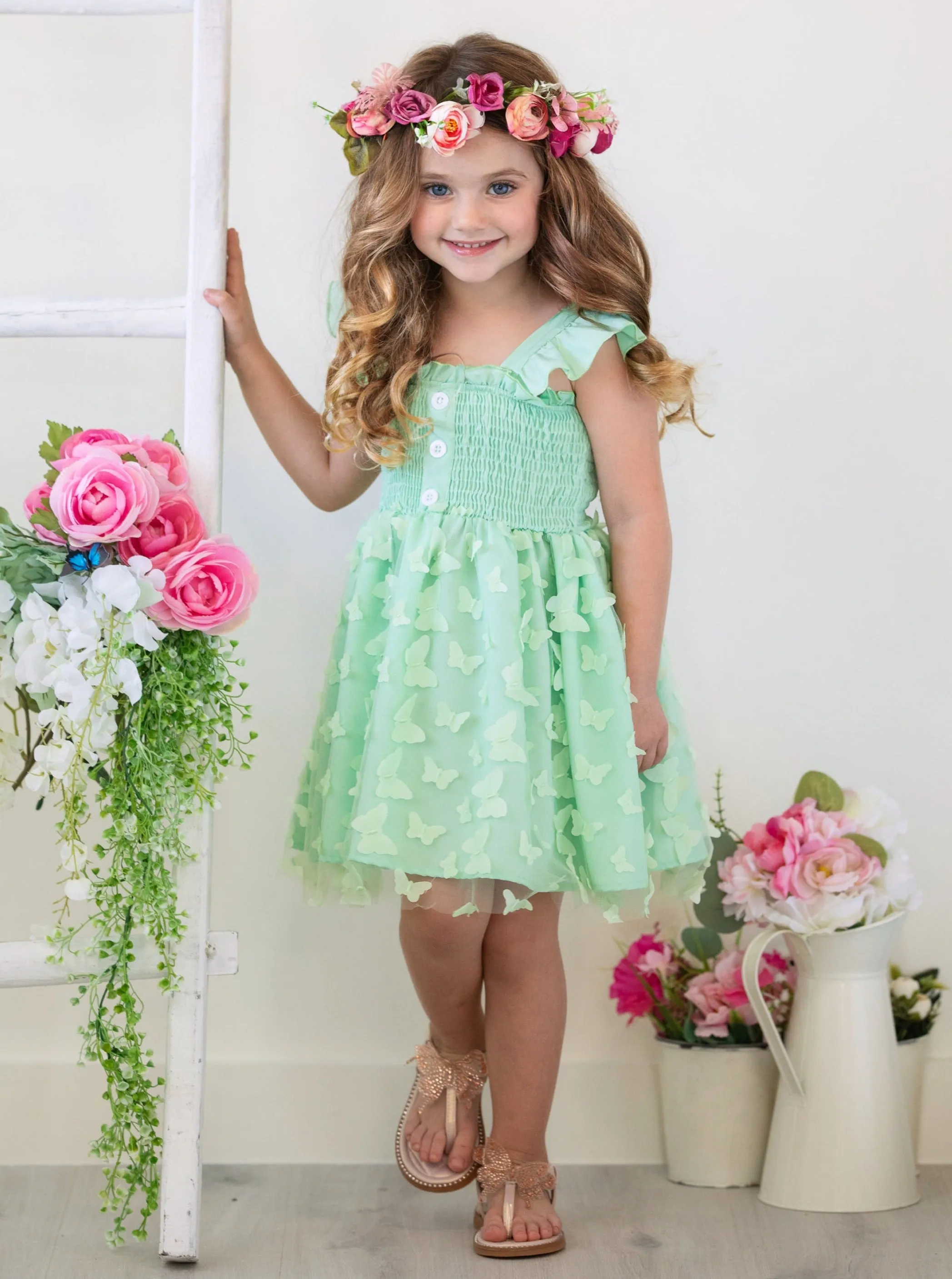 Butterfly Kisses Green Smocked Dress