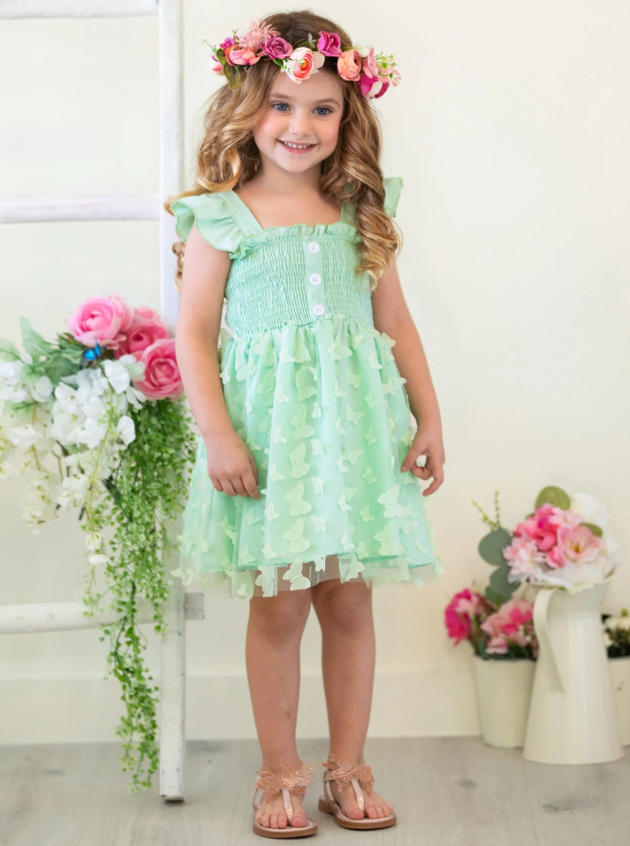 Butterfly Kisses Green Smocked Dress
