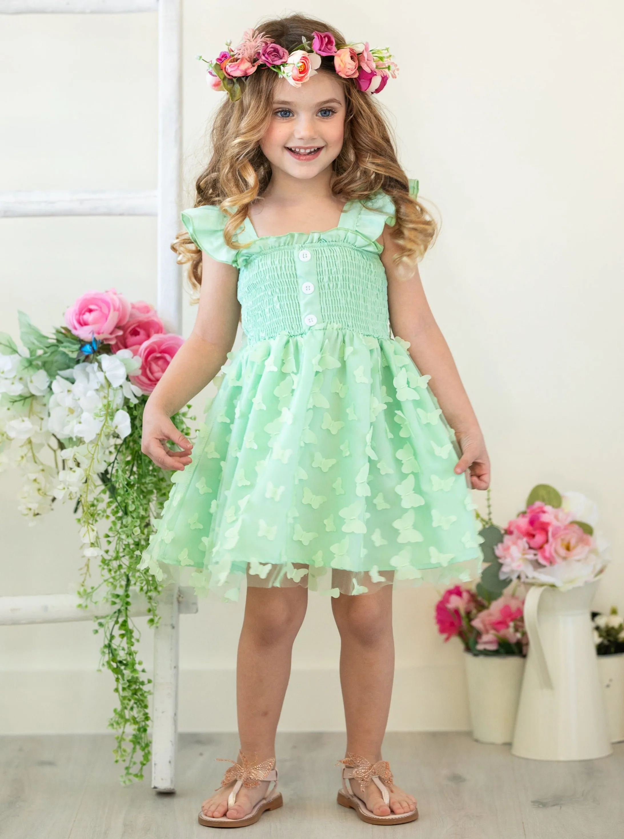 Butterfly Kisses Green Smocked Dress