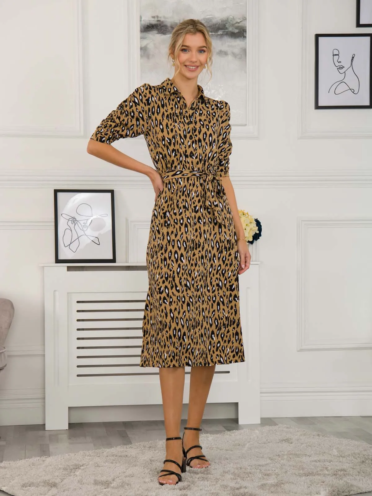 Calla Animal Print Shirt Dress, Camel Animal