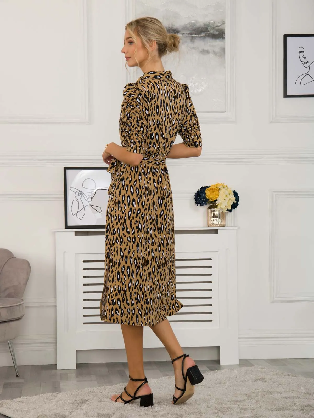 Calla Animal Print Shirt Dress, Camel Animal