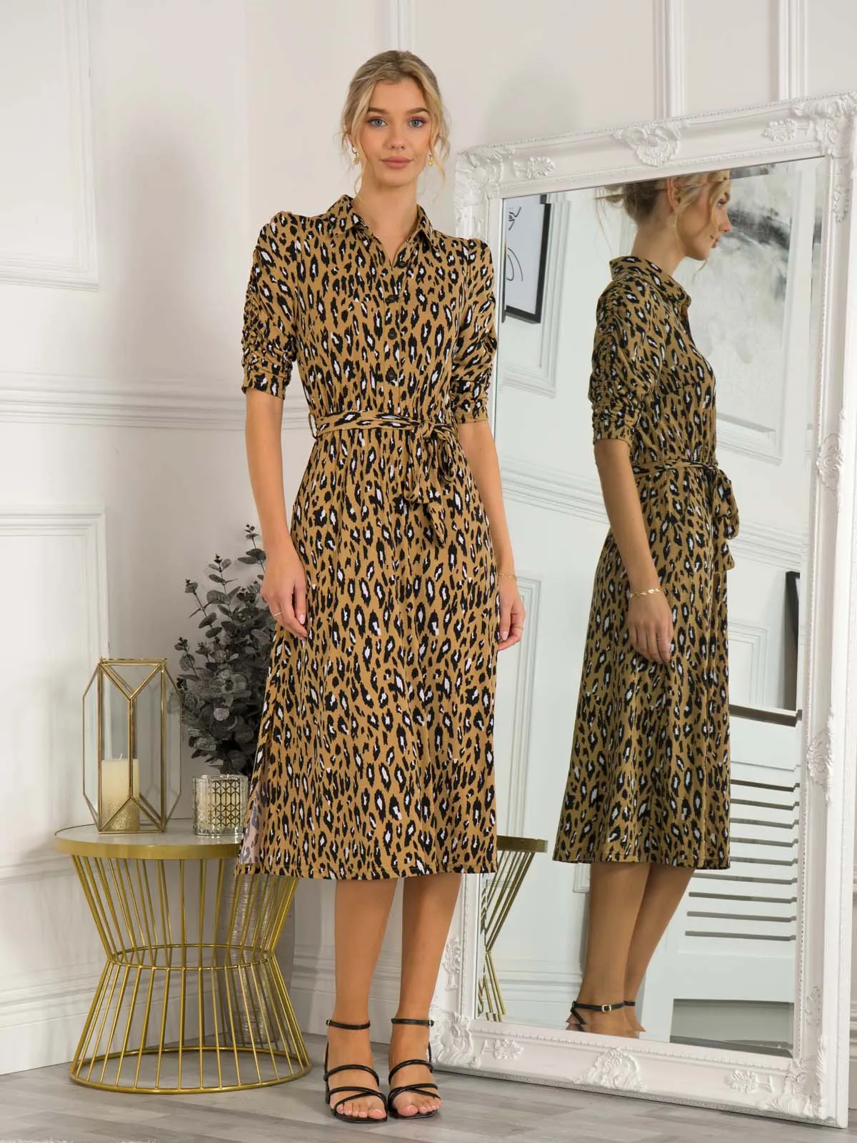 Calla Animal Print Shirt Dress, Camel Animal