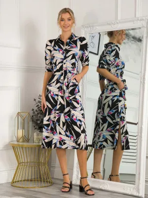 Calla Puff Sleeve Shirt Dress, Black Leafy