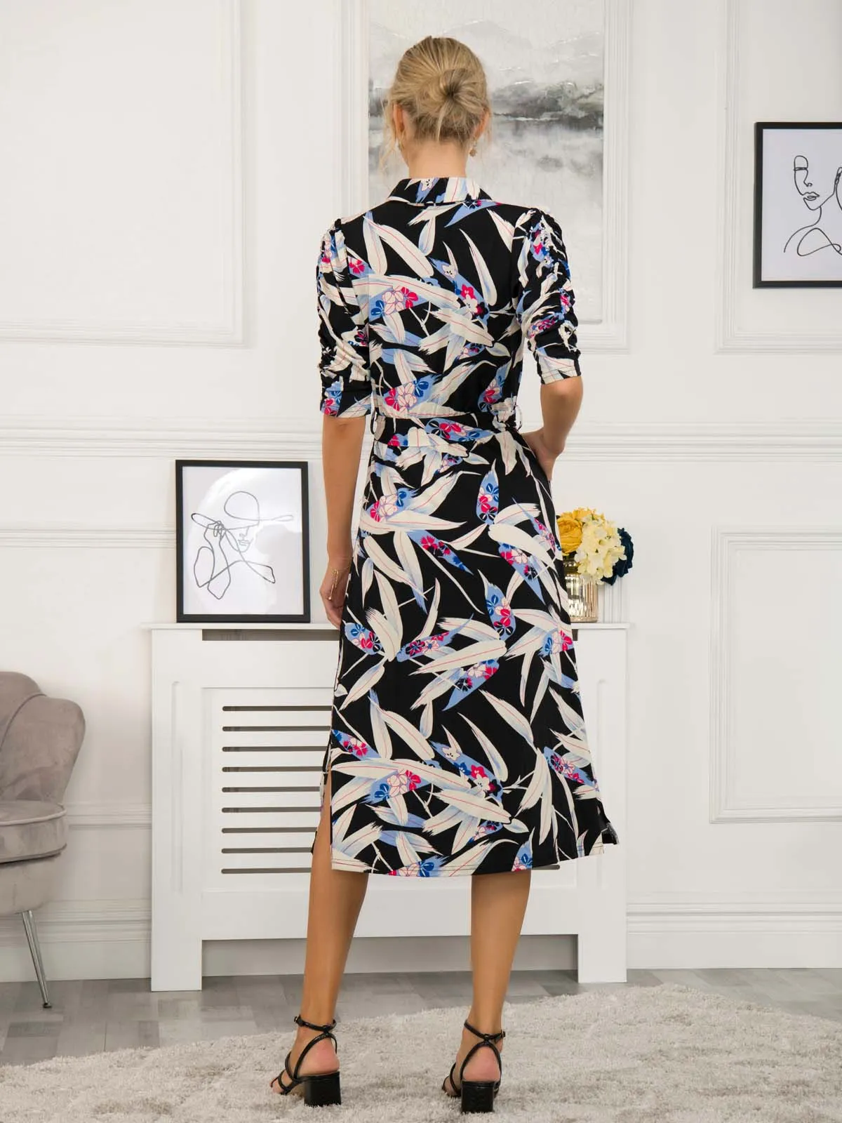 Calla Puff Sleeve Shirt Dress, Black Leafy