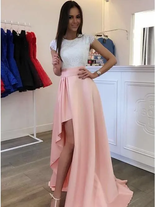 Cap Sleeves Round Neck Lace Bodice Asymmetry Pink Satin Prom Dress