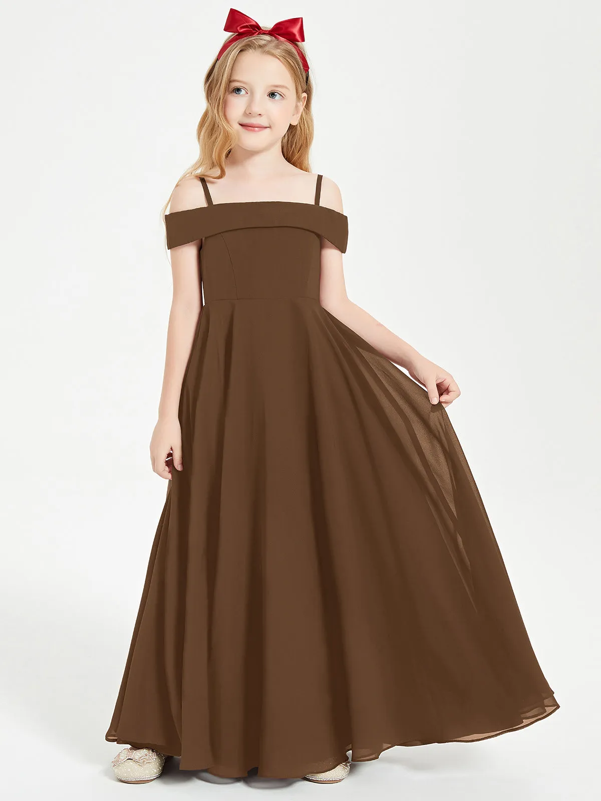 Chic Junior Bridesmaid Dresses Off the Shoulder Brown