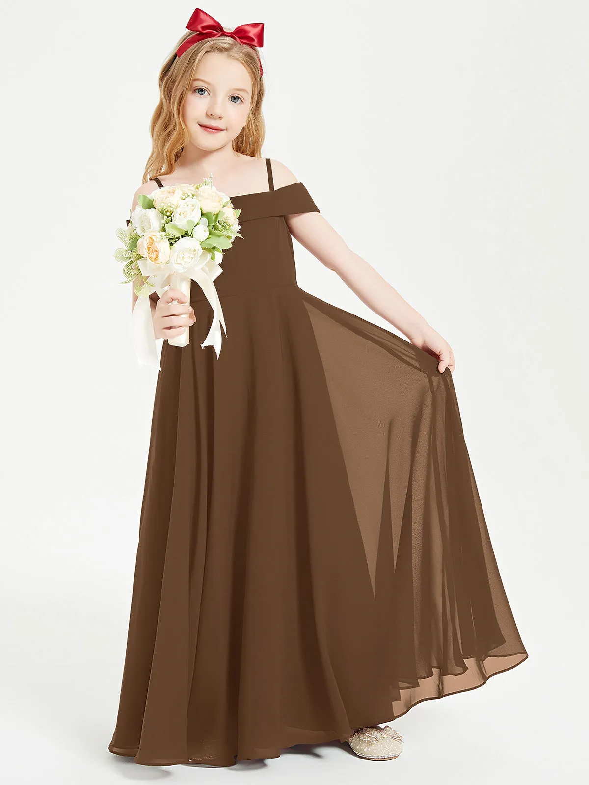 Chic Junior Bridesmaid Dresses Off the Shoulder Brown
