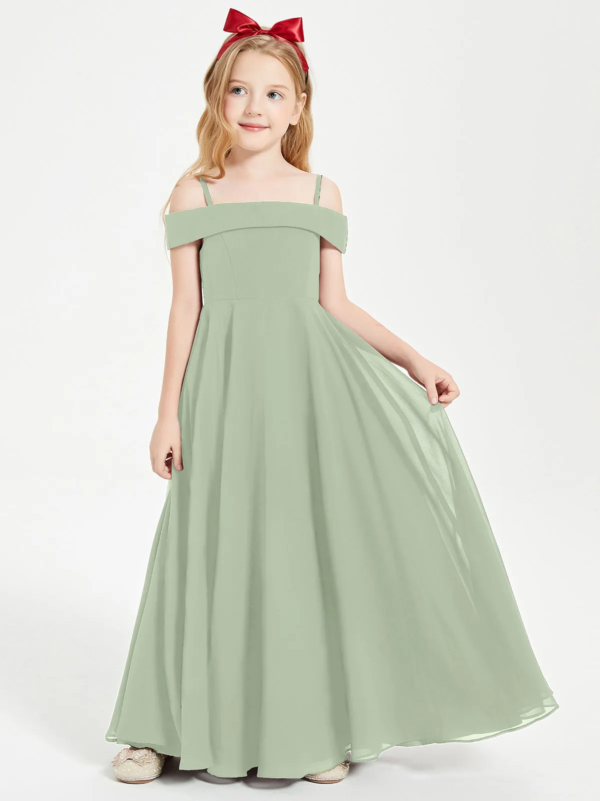 Chic Junior Bridesmaid Dresses Off the Shoulder Dusty Sage
