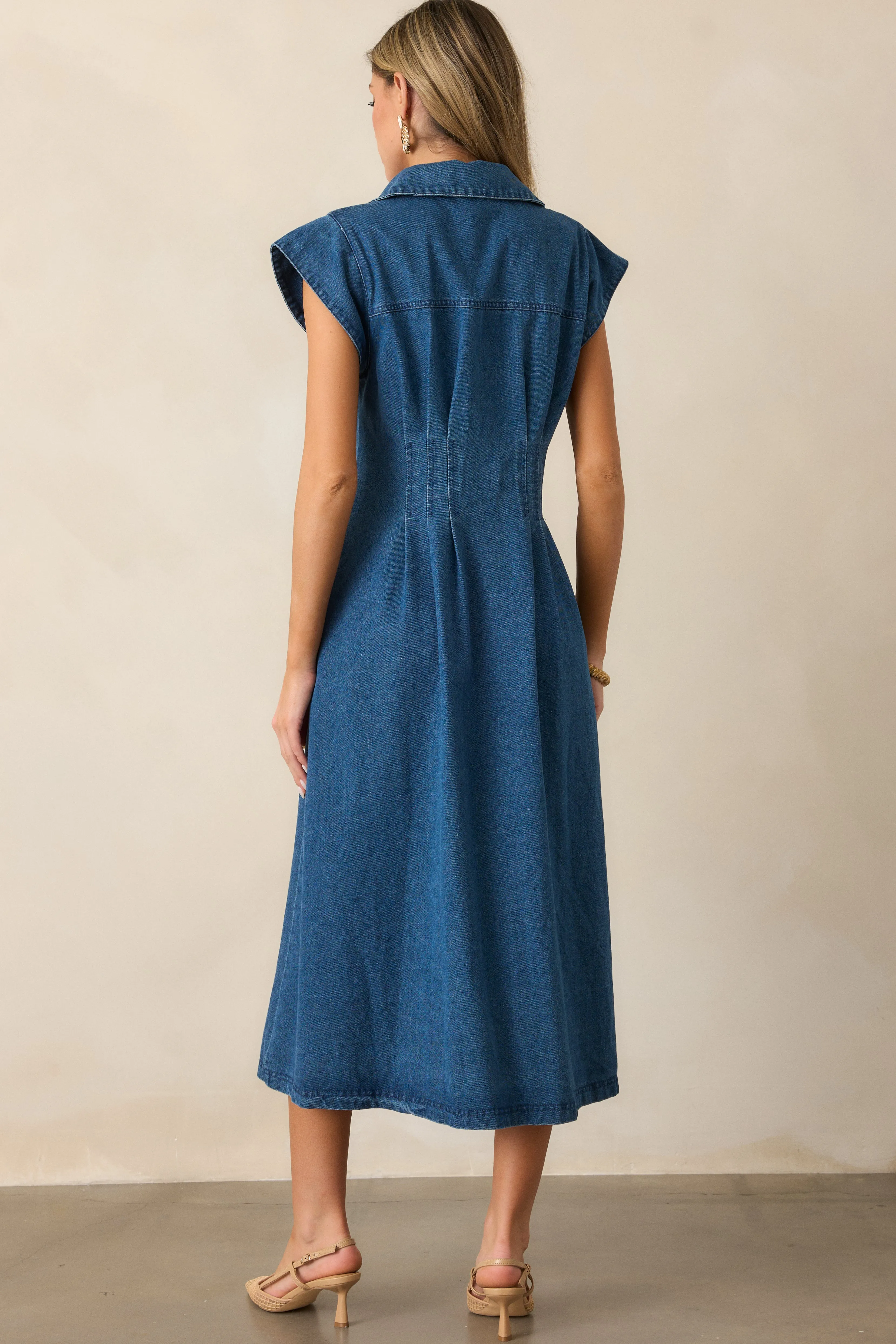 Classic Tea Party Dark Wash Denim Button Front Pleated Midi Dress