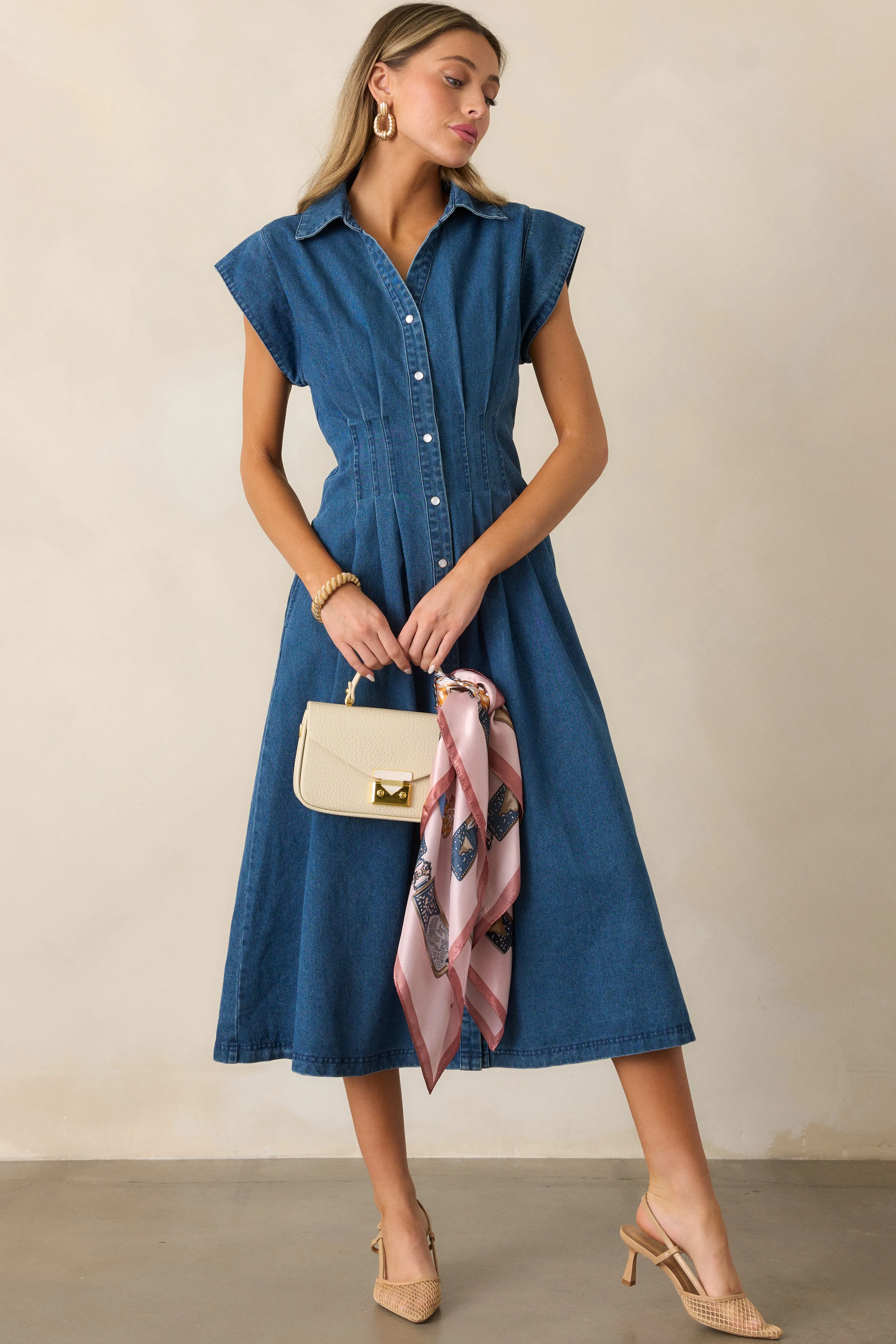 Classic Tea Party Dark Wash Denim Button Front Pleated Midi Dress
