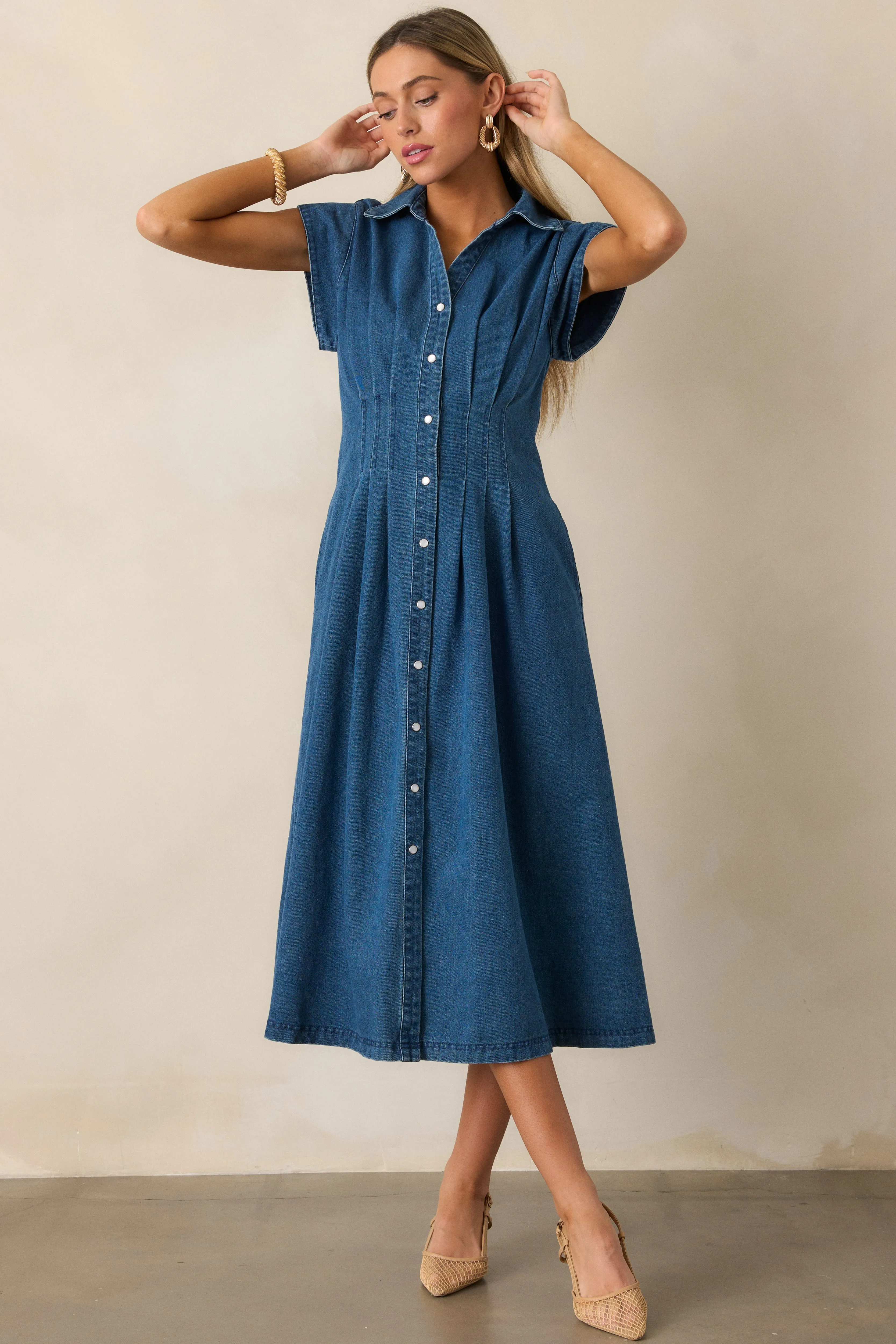 Classic Tea Party Dark Wash Denim Button Front Pleated Midi Dress