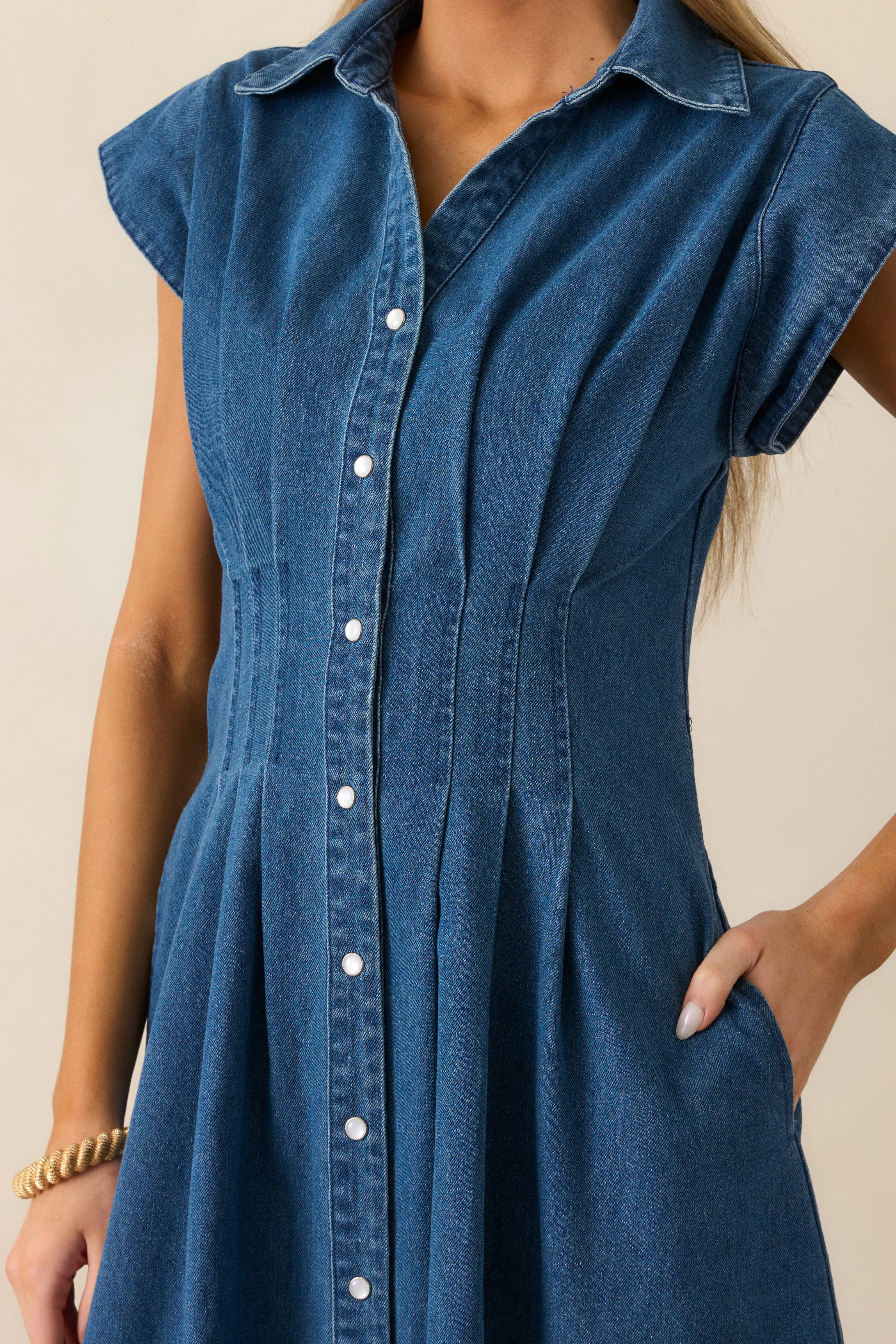 Classic Tea Party Dark Wash Denim Button Front Pleated Midi Dress