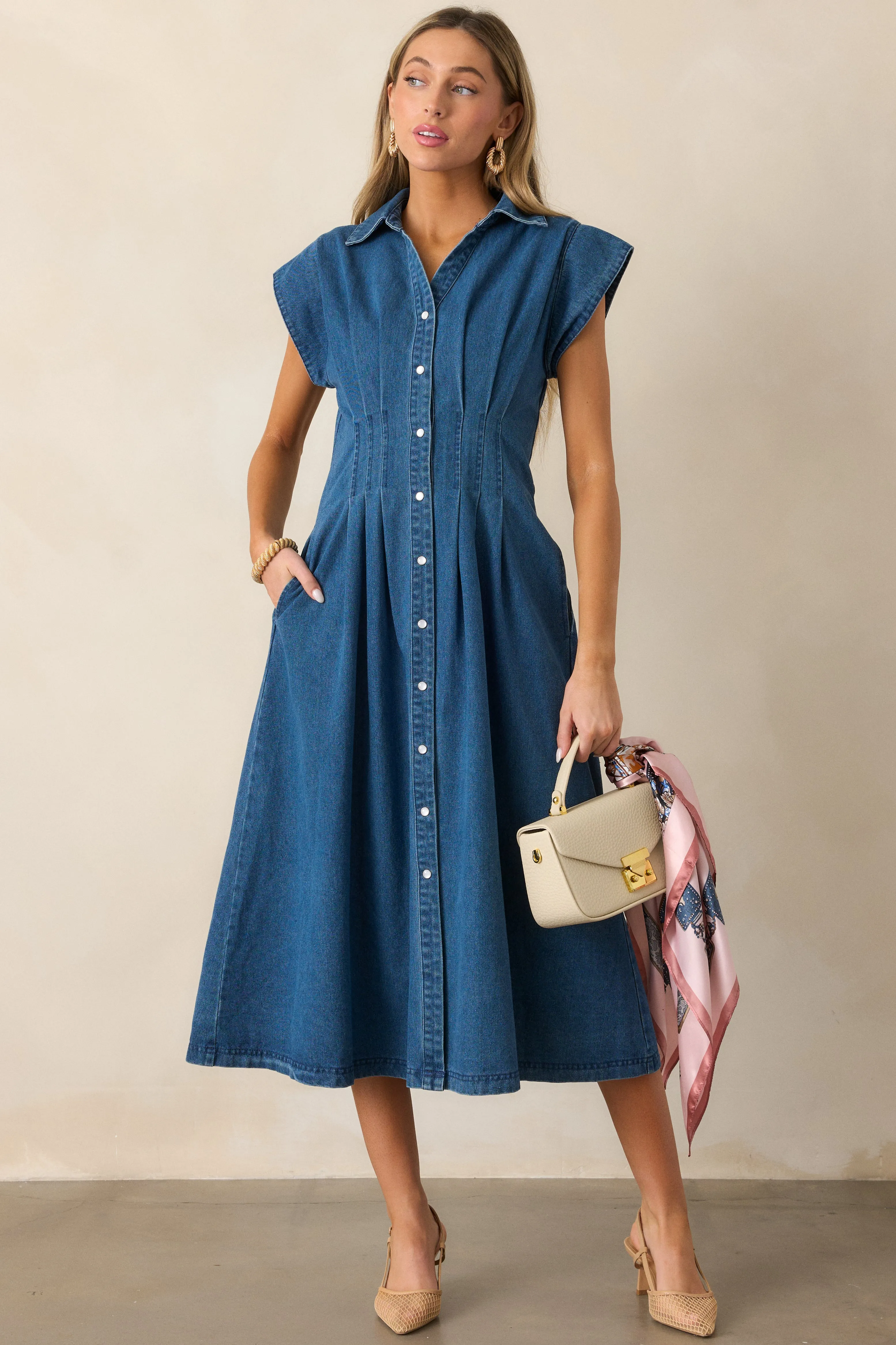 Classic Tea Party Dark Wash Denim Button Front Pleated Midi Dress