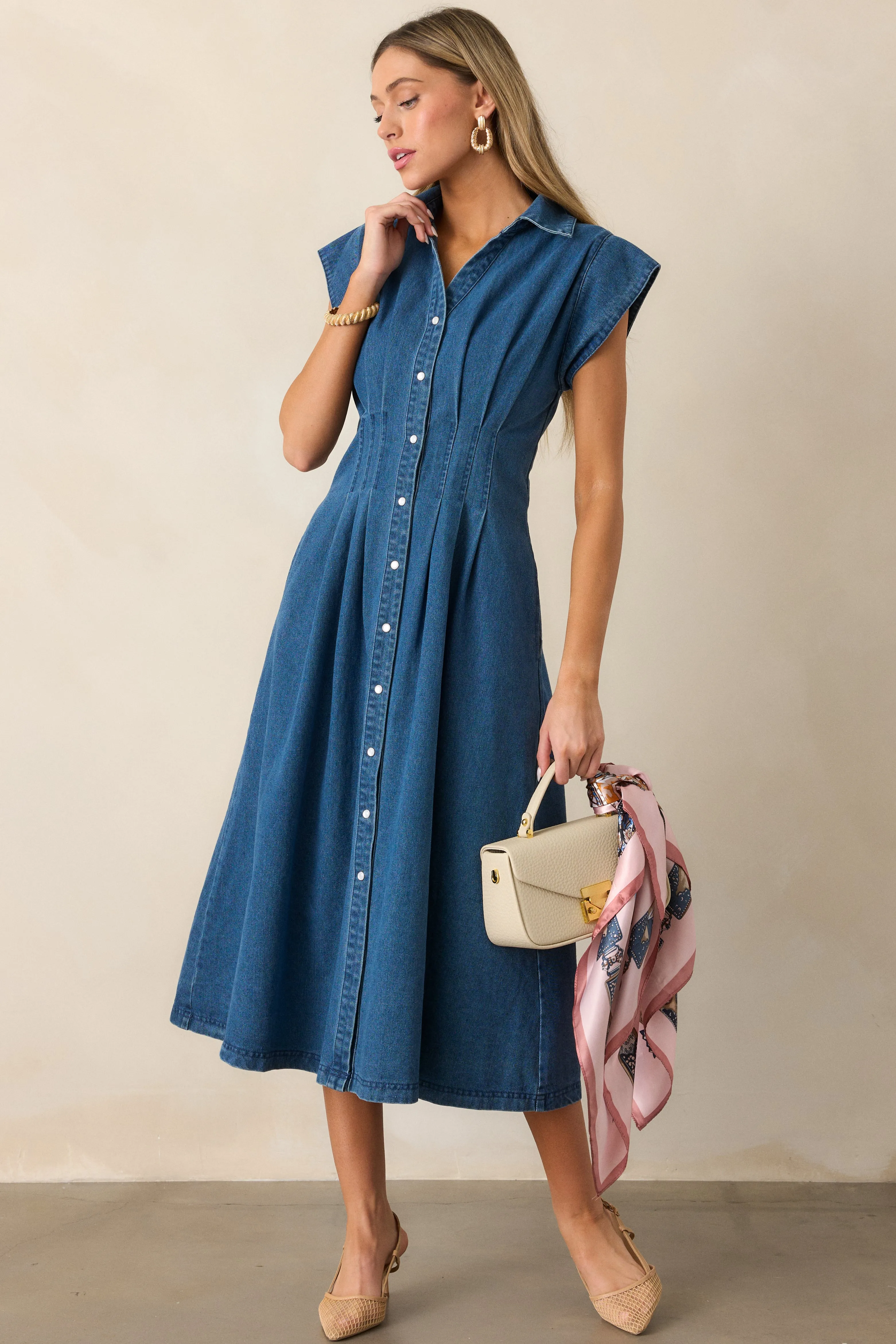 Classic Tea Party Dark Wash Denim Button Front Pleated Midi Dress