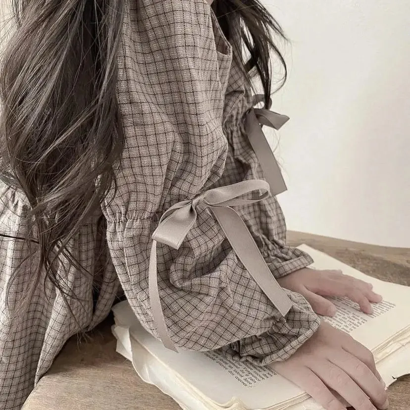 Coffee Plaid Bow Ruffle Long Dress