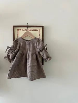 Coffee Plaid Bow Ruffle Long Dress