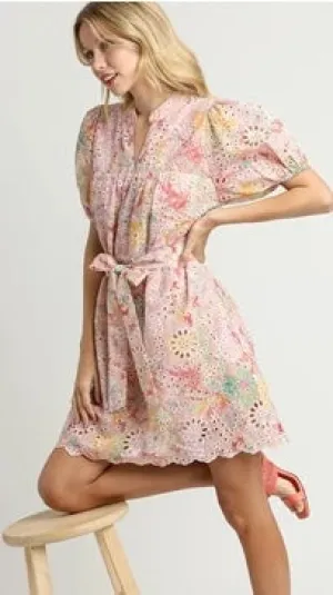 Colorful Eyelet Bubble Sleeve Dress