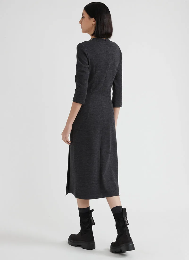 Cotton and Wool-Blend Three-Quarter Sleeve Midi Dress
