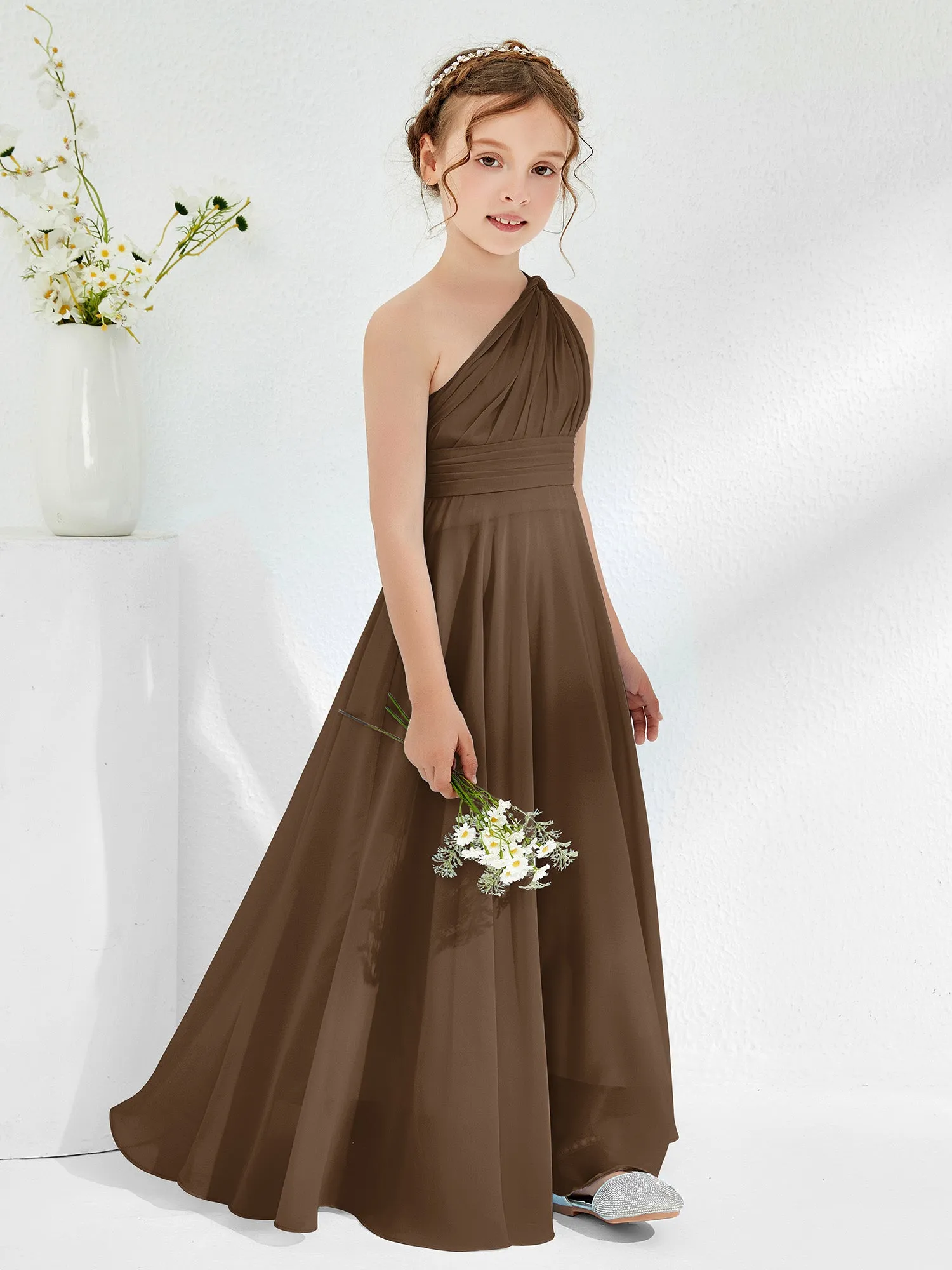 Cute One Shoulder  A-line Junior Bridesmaid Dresses Brown