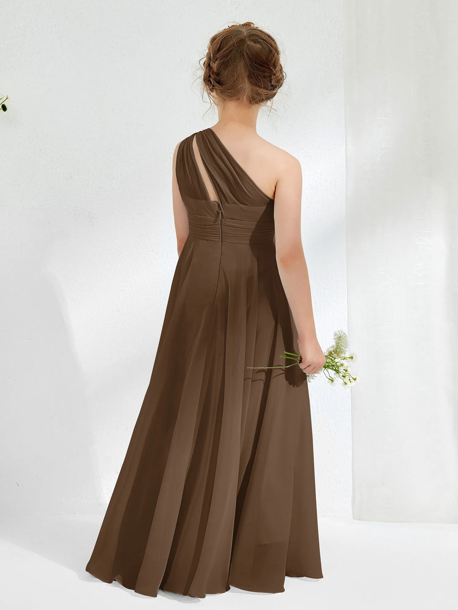 Cute One Shoulder  A-line Junior Bridesmaid Dresses Brown