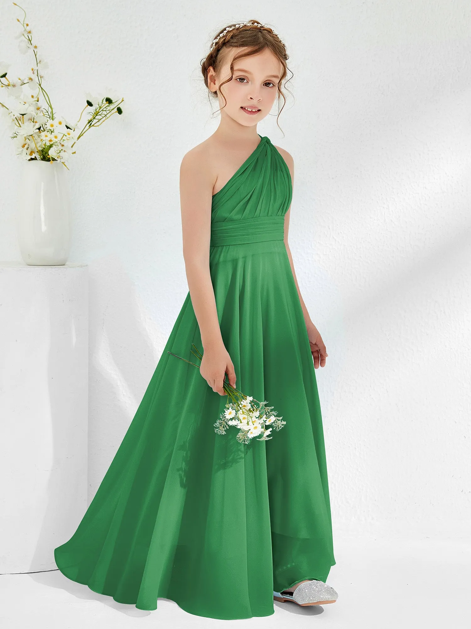 Cute One Shoulder  A-line Junior Bridesmaid Dresses Emerald
