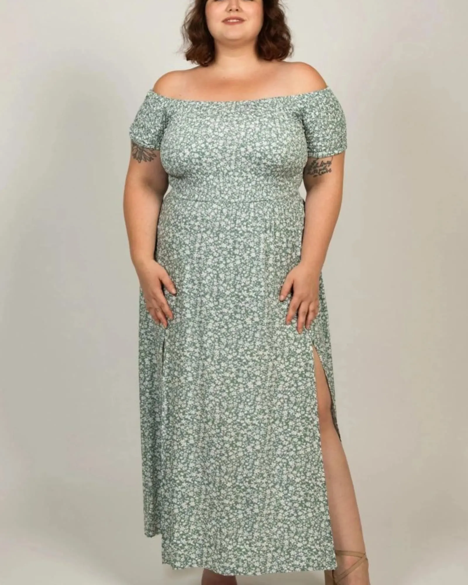 Daphne Midi Dress On-Off Shoulders Side Slit Floral | Green