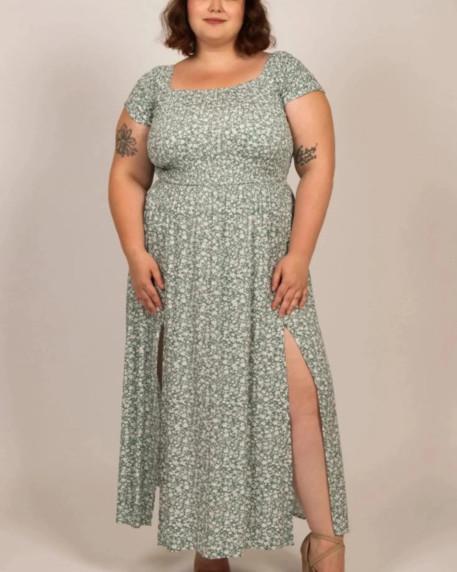 Daphne Midi Dress On-Off Shoulders Side Slit Floral | Green