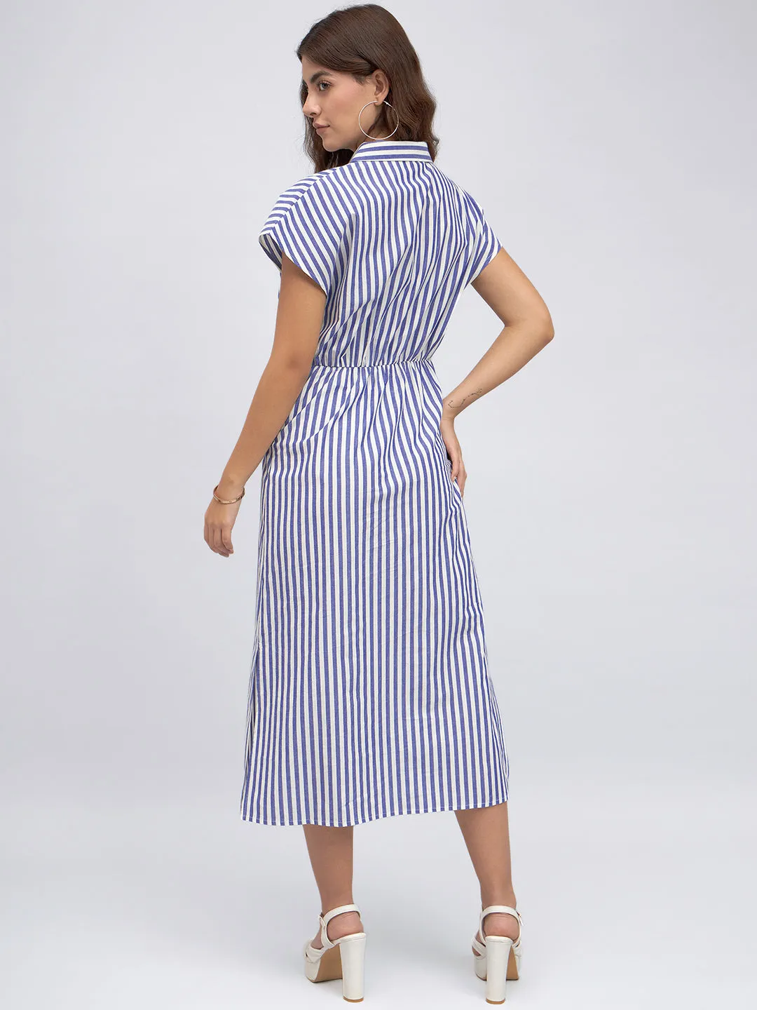 DL Woman Shirt Collar Regular Fit Striped Blue Tie-Up Midi Dress