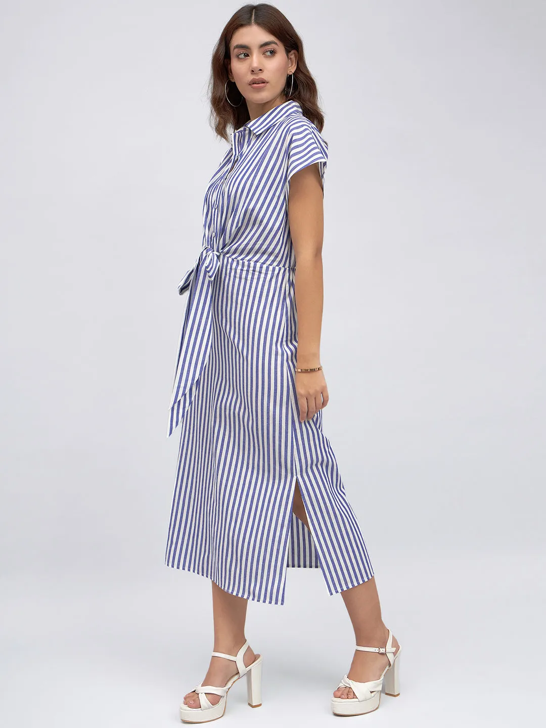 DL Woman Shirt Collar Regular Fit Striped Blue Tie-Up Midi Dress