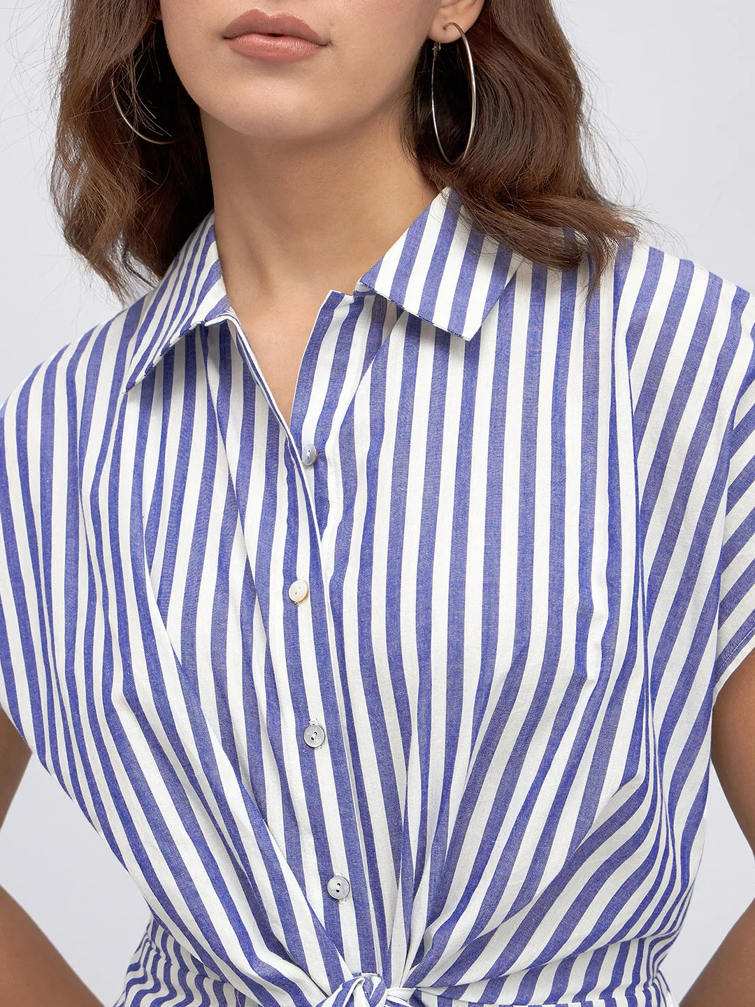 DL Woman Shirt Collar Regular Fit Striped Blue Tie-Up Midi Dress