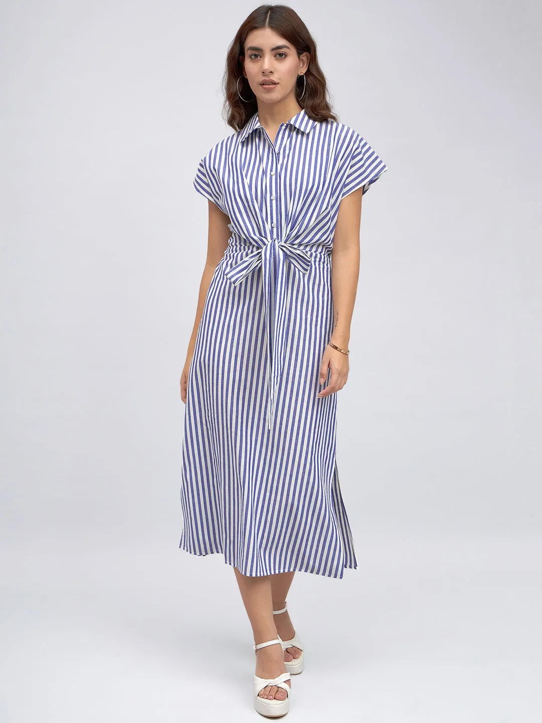 DL Woman Shirt Collar Regular Fit Striped Blue Tie-Up Midi Dress