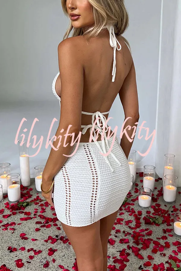 Effortlessly Cool and Sexy Knit Crochet Cutout Halter Tie-up Stretch Mini Dress