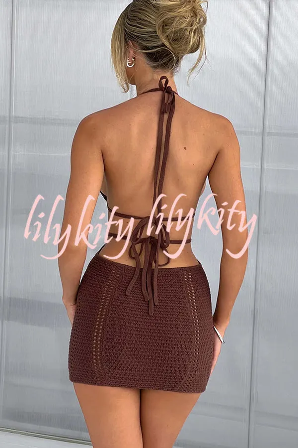 Effortlessly Cool and Sexy Knit Crochet Cutout Halter Tie-up Stretch Mini Dress