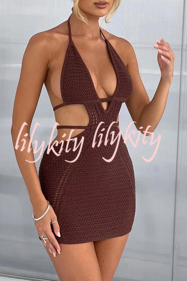 Effortlessly Cool and Sexy Knit Crochet Cutout Halter Tie-up Stretch Mini Dress