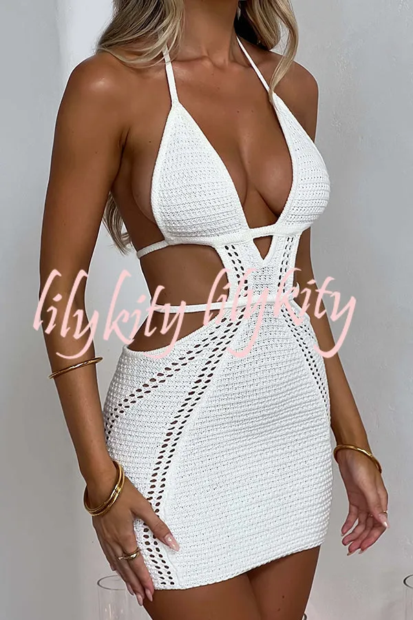 Effortlessly Cool and Sexy Knit Crochet Cutout Halter Tie-up Stretch Mini Dress