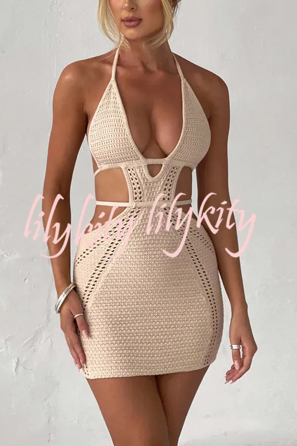 Effortlessly Cool and Sexy Knit Crochet Cutout Halter Tie-up Stretch Mini Dress