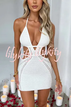 Effortlessly Cool and Sexy Knit Crochet Cutout Halter Tie-up Stretch Mini Dress