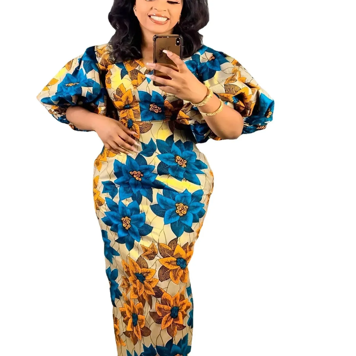 Elegant African Print Dresses for Women - V-Neck, Short Lantern Sleeve, High Waist Party and Wedding Gowns