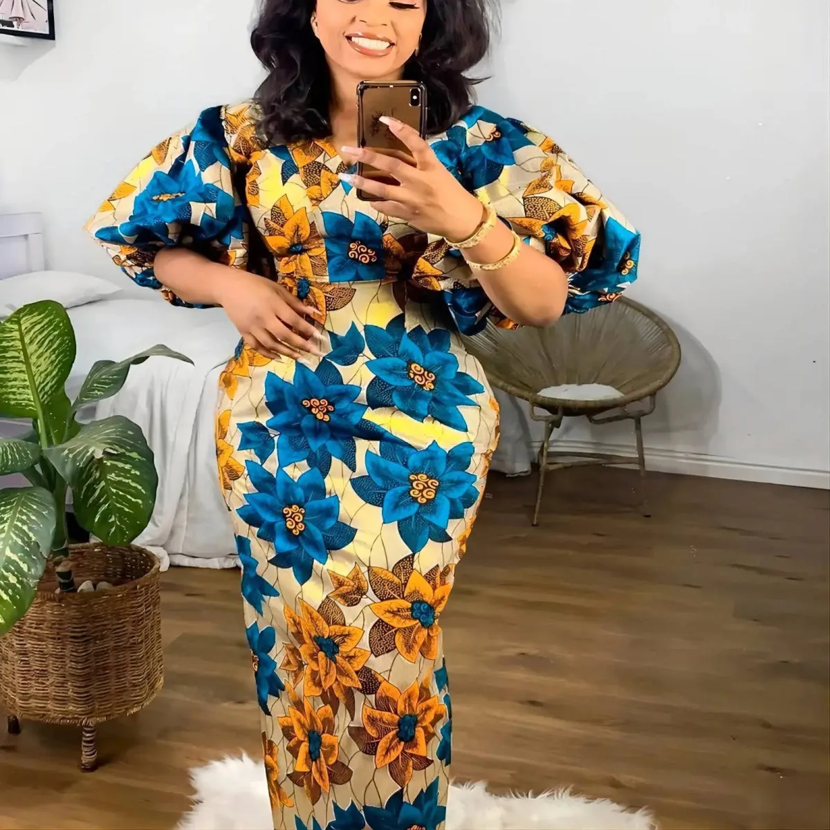 Elegant African Print Dresses for Women - V-Neck, Short Lantern Sleeve, High Waist Party and Wedding Gowns