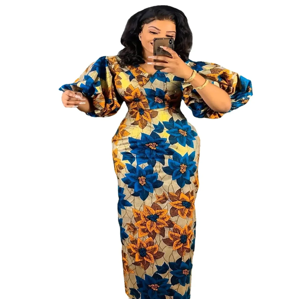 Elegant African Print Dresses for Women - V-Neck, Short Lantern Sleeve, High Waist Party and Wedding Gowns