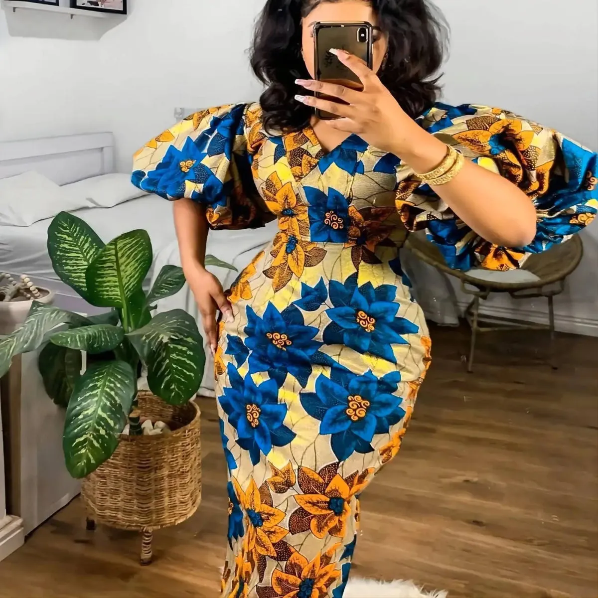 Elegant African Print Dresses for Women - V-Neck, Short Lantern Sleeve, High Waist Party and Wedding Gowns