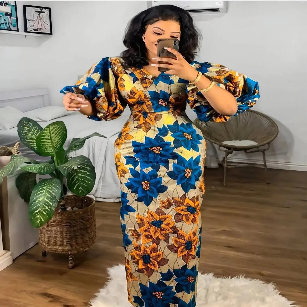 Elegant African Print Dresses for Women - V-Neck, Short Lantern Sleeve, High Waist Party and Wedding Gowns