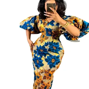 Elegant African Print Dresses for Women - V-Neck, Short Lantern Sleeve, High Waist Party and Wedding Gowns
