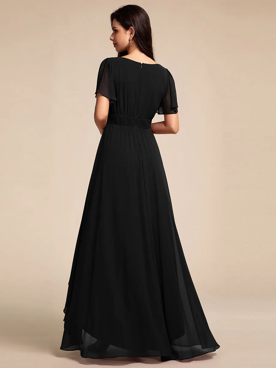 Elegant Round Neck Ruffles Sleeve Chiffon Evening Dresses with Asymmetrical Hem
