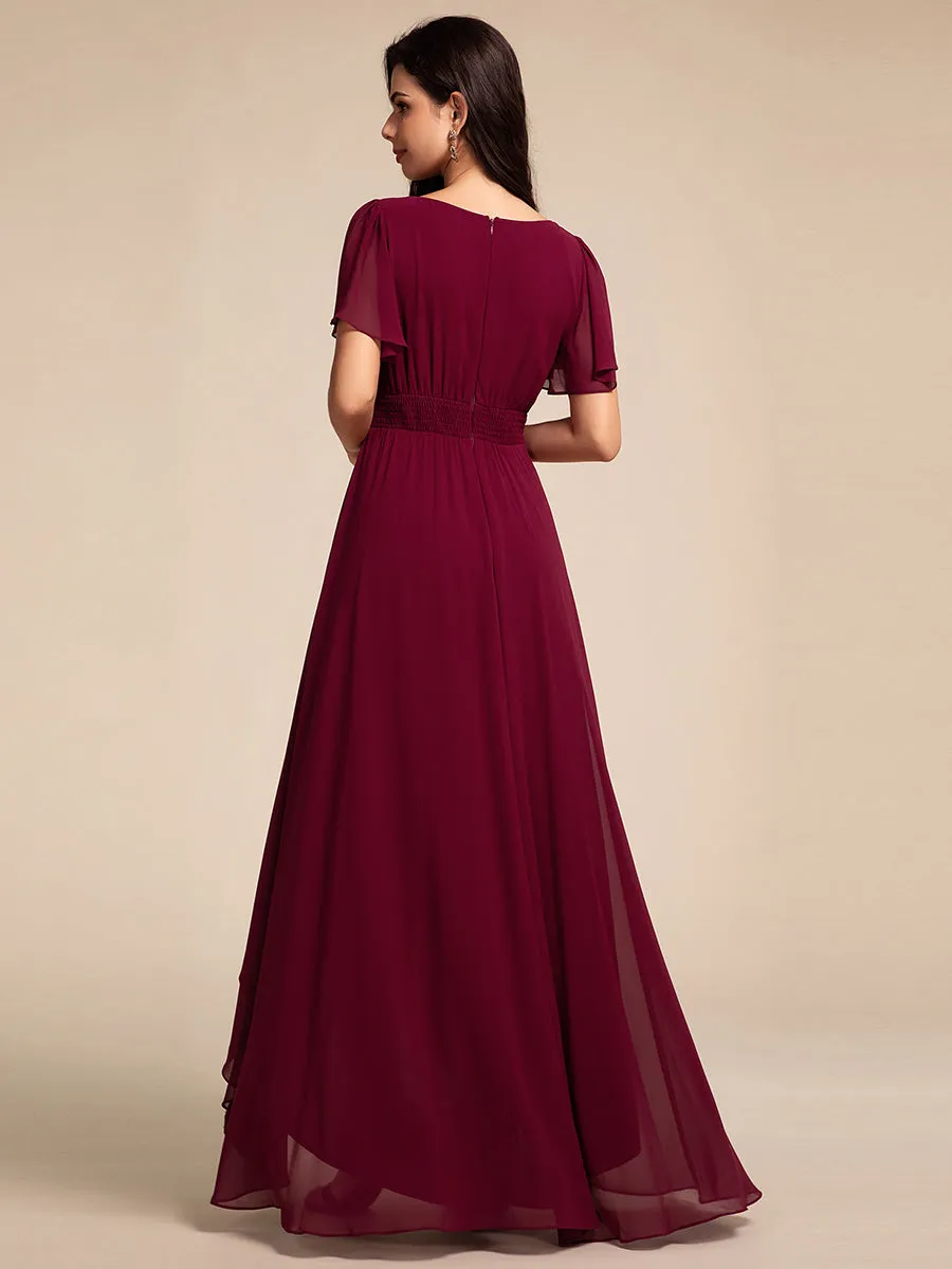Elegant Round Neck Ruffles Sleeve Chiffon Evening Dresses with Asymmetrical Hem
