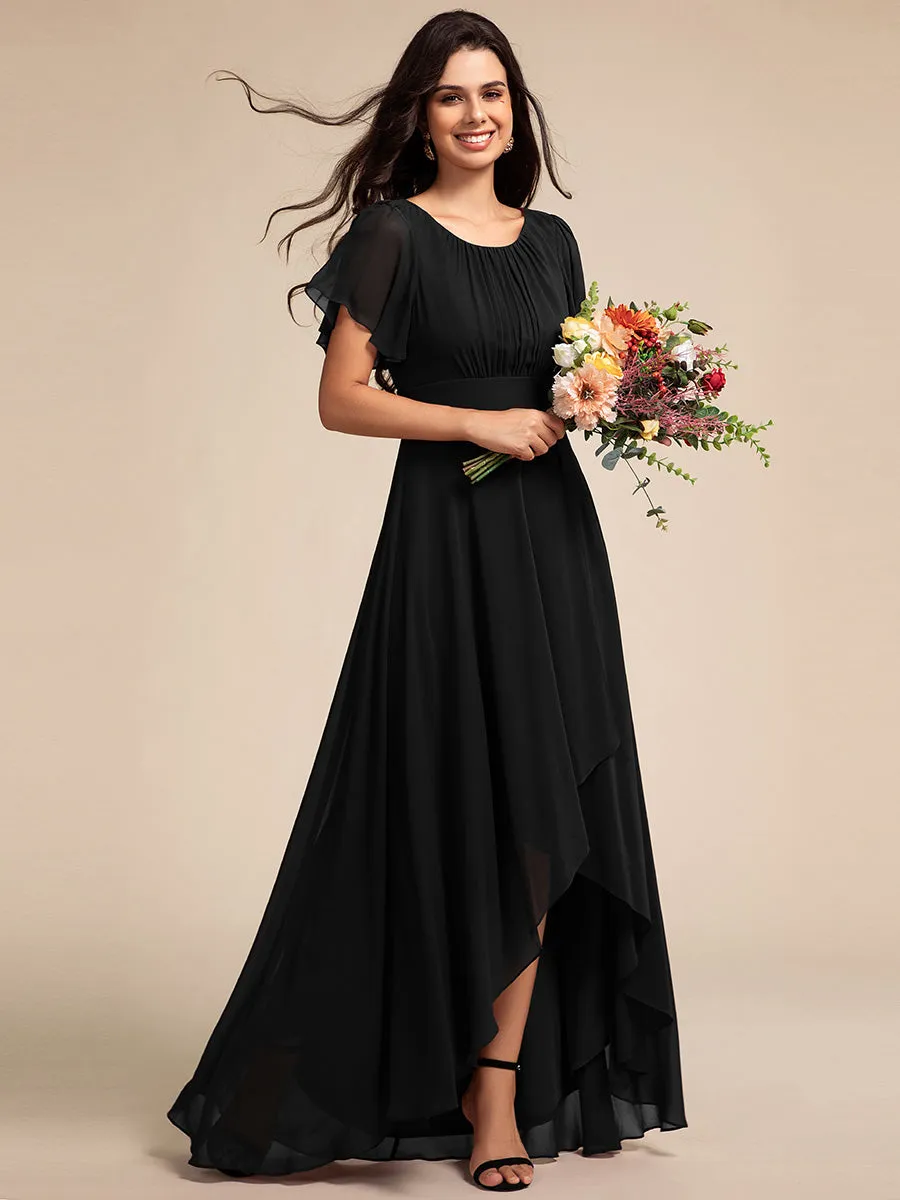 Elegant Round Neck Ruffles Sleeve Chiffon Evening Dresses with Asymmetrical Hem