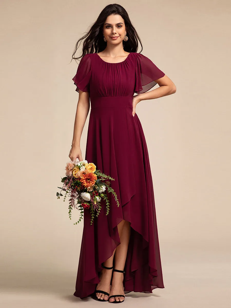 Elegant Round Neck Ruffles Sleeve Chiffon Evening Dresses with Asymmetrical Hem